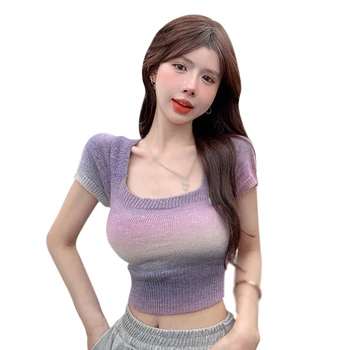 Тонкая трикотажная футболка в корейском стиле Для женщин, модный повседневный универсальный летний укороченный топ с низким вырезом и квадратным воротником