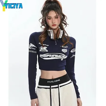 Футболка YICIYA, топ y2k, женские футболки, блузки с длинными рукавами, корейские футболки, укороченный топ, футболка с гоночным автомобилем, женская одежда, мода