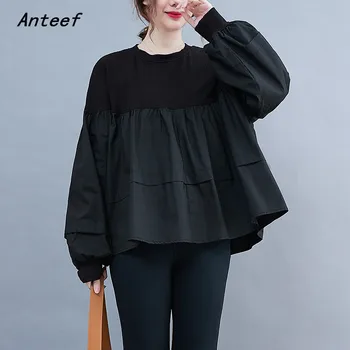Хлопковая осенняя корейская модная футболка оверсайз Anteef с длинным рукавом, винтажная футболка, повседневные топы, женские футболки 2023 года, одежда